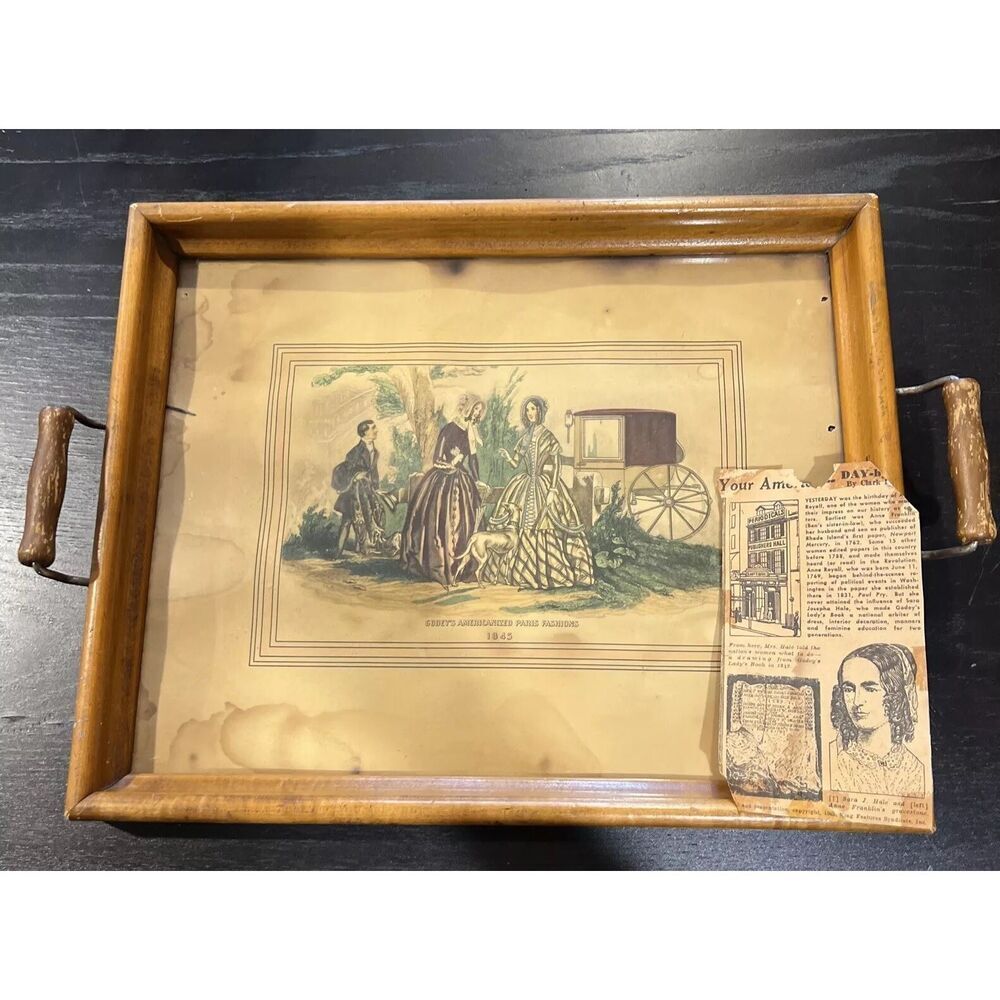 ANTIQUE GODEY LADIES Fashion Print Tray Vanity Service Wooden Glass